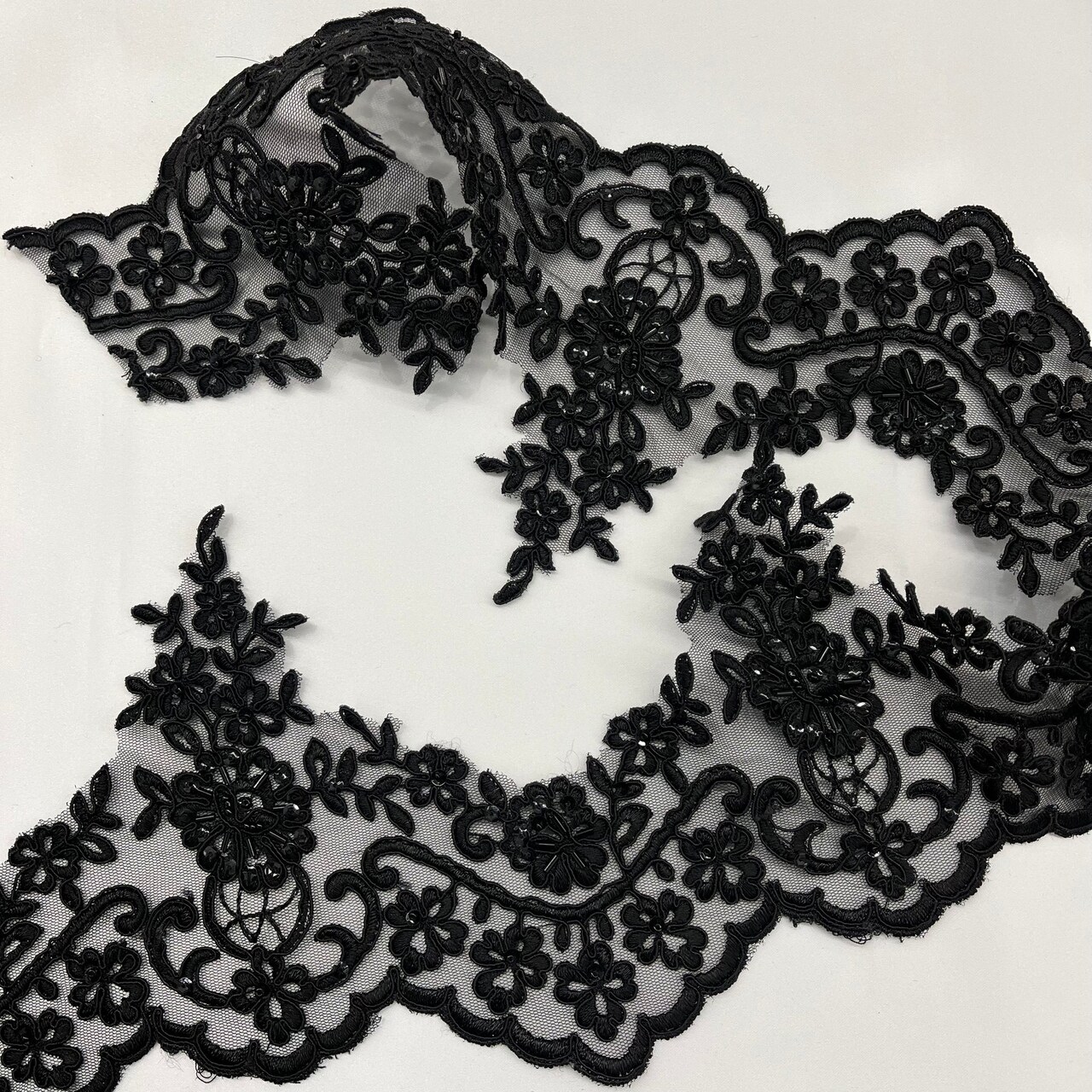 1 Yard Beaded & Corded Floral Lace Trimming Embroidered on 100% Polyester Net Mesh 6" Wide